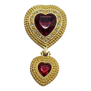 VICTORIA'S SECRET Signed Two Heart Red Crystal Dangle Brooch Pin Vintage